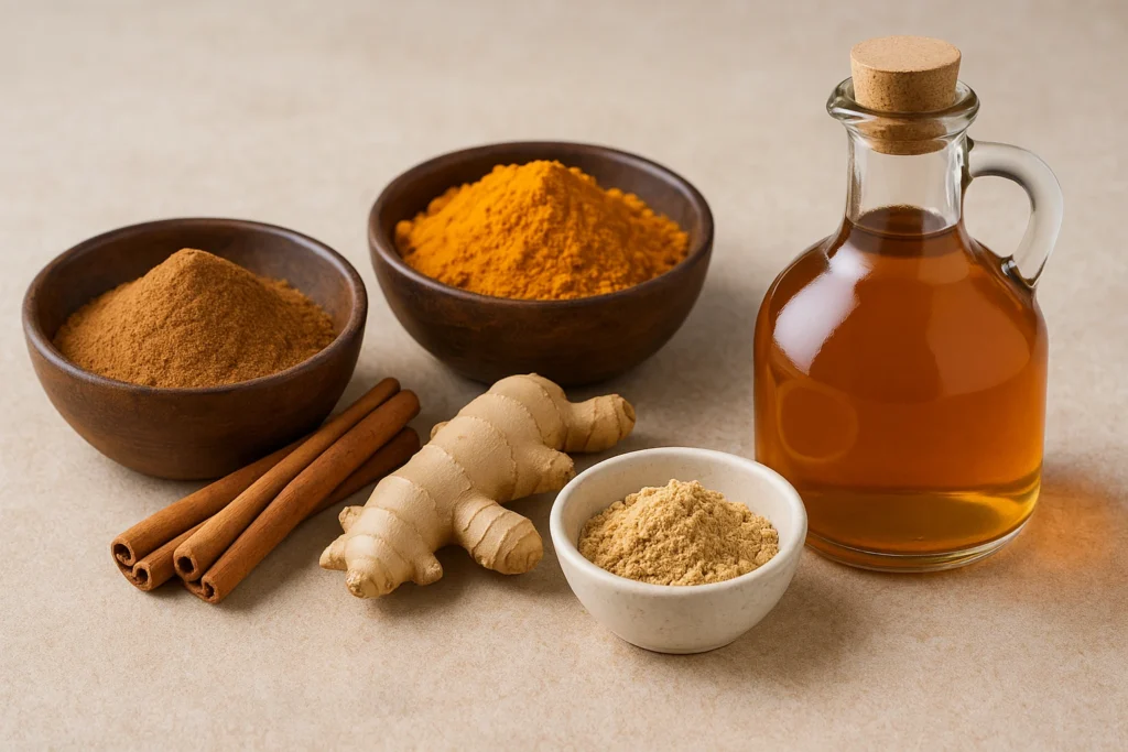 Especias como canela, cúrcuma, jengibre y vinagre de manzana que favorecen la estabilidad de la glucosa en sangre