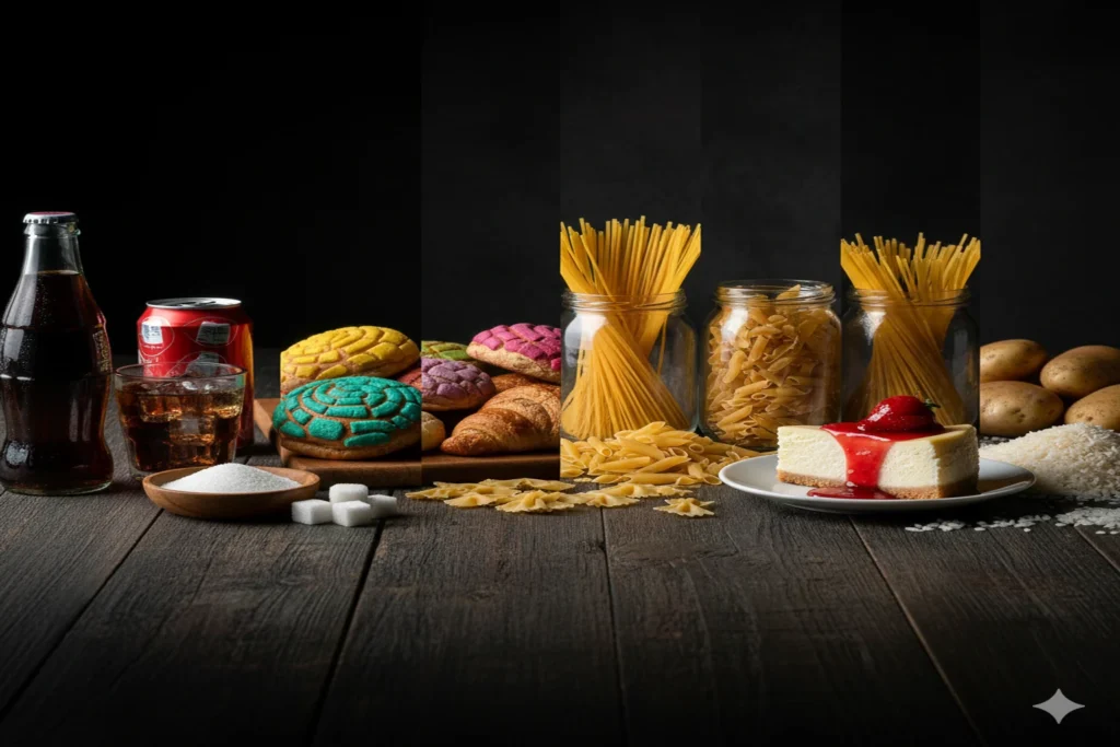 Fotografía de alimentos altos en azúcar y harinas refinadas que aumentan rápidamente los niveles de glucosa.