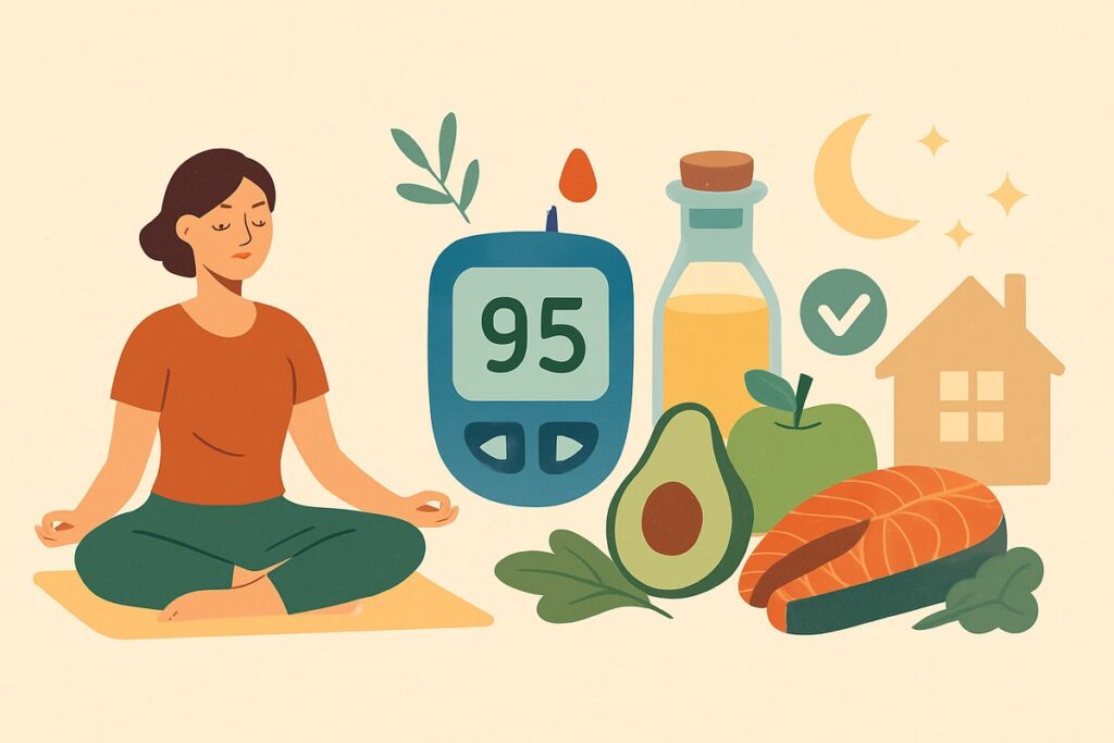 Ilustración de una mujer junto a alimentos saludables y un glucómetro para controlar la diabetes tipo 2