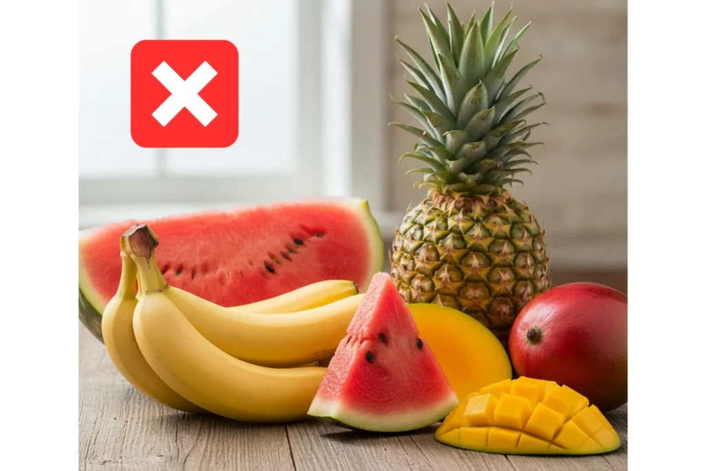 Frutas de alto índice glucémico como plátano, sandía, piña y mango que pueden elevar rápidamente la glucosa en personas con diabetes.