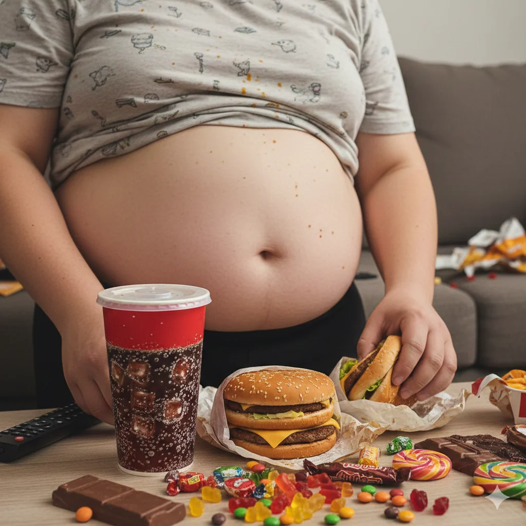 Persona con obesidad abdominal rodeada de comida chatarra, factor que contribuye al descontrol de la diabetes tipo 2