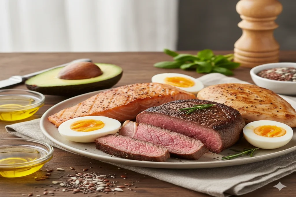 Proteínas de origen animal y grasas saludables como aguacate y aceite de oliva usadas para mejorar la estabilidad de la glucosa