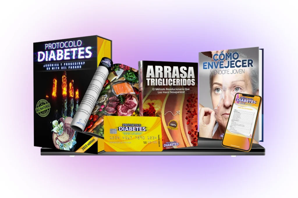 Paquete completo del Protocolo Diabetes con guía principal y bonos digitales, diseñado para apoyar el control natural de la glucosa y mejorar la sensibilidad a la insulina en personas con diabetes tipo 2.