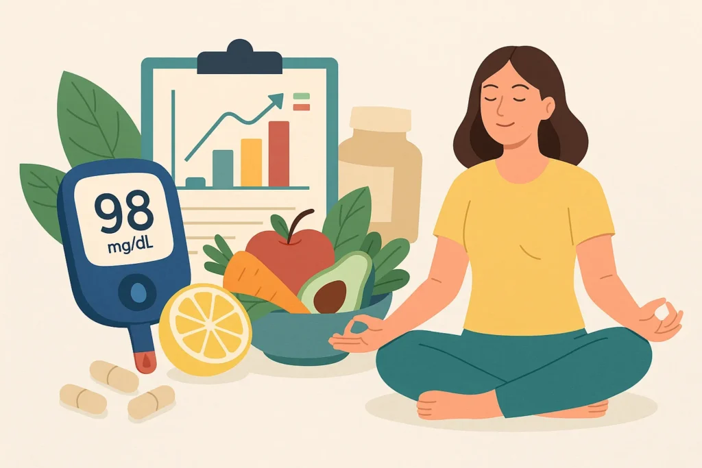 Ilustración sobre control natural de la diabetes tipo 2 con alimentación saludable y niveles de glucosa en 98 mg/dl, usada en el artículo sobre si es posible revertir la diabetes según estudios y medicina natural.