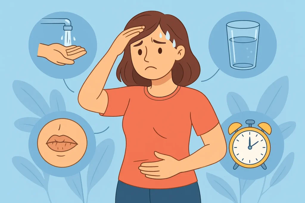 Ilustración de una mujer revisando niveles de glucosa y signos tempranos de diabetes tipo 2 con síntomas como fatiga, sed y visión borrosa.